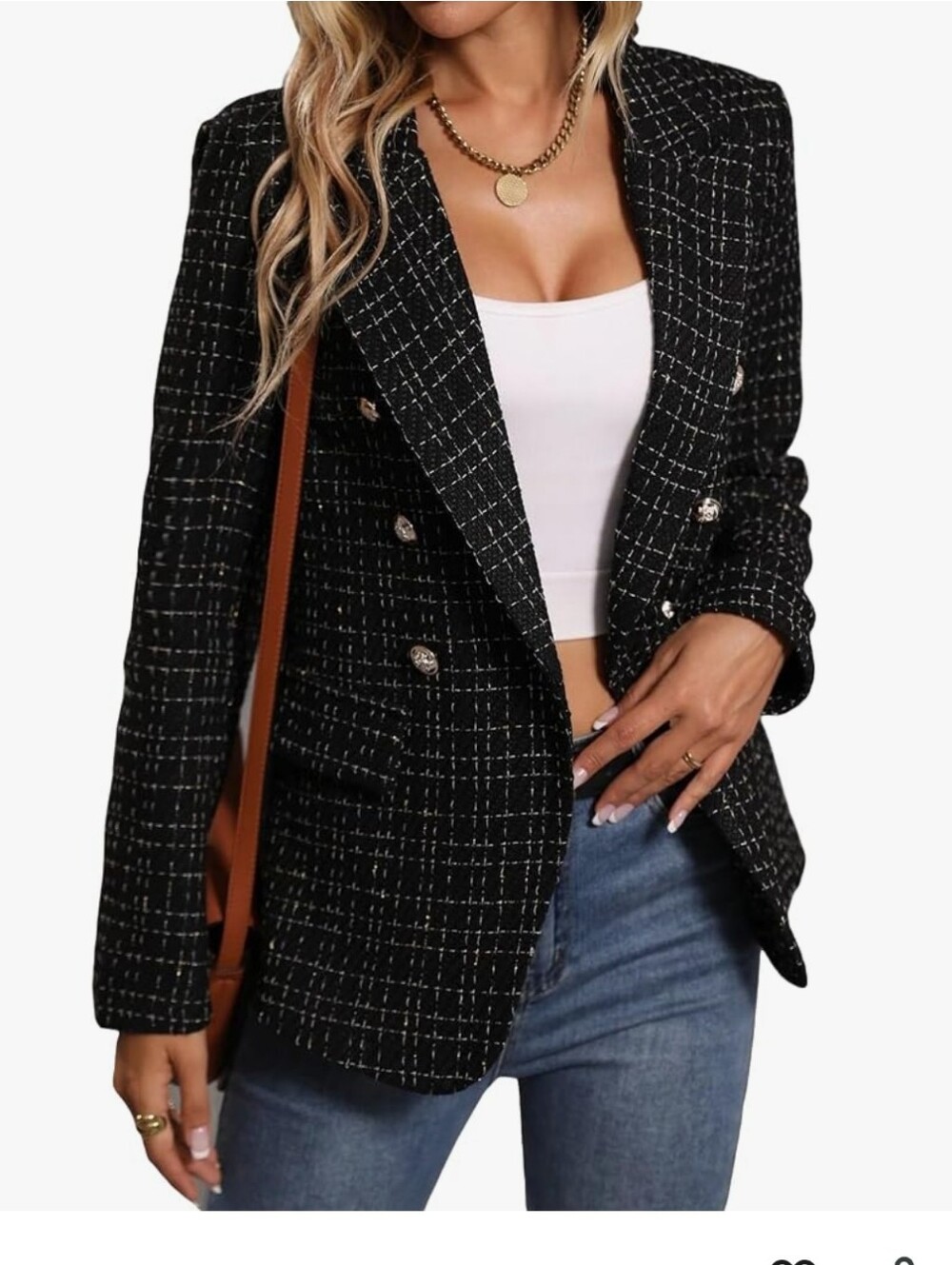 Women's Black Tweed Double-Breasted Gold Detail Blazer Jacket Small NWOT
